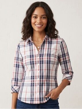 7th avenue Red and White Fitted 3/4 Sleeve Button Down Blouse